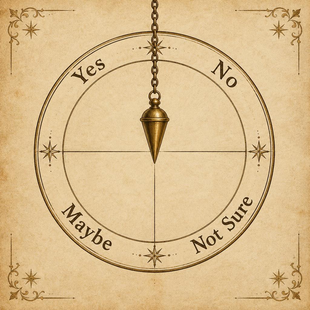 Vintage pendulum dowsing chart with Yes, No, Maybe, and Not Sure quadrants and a brass pendulum